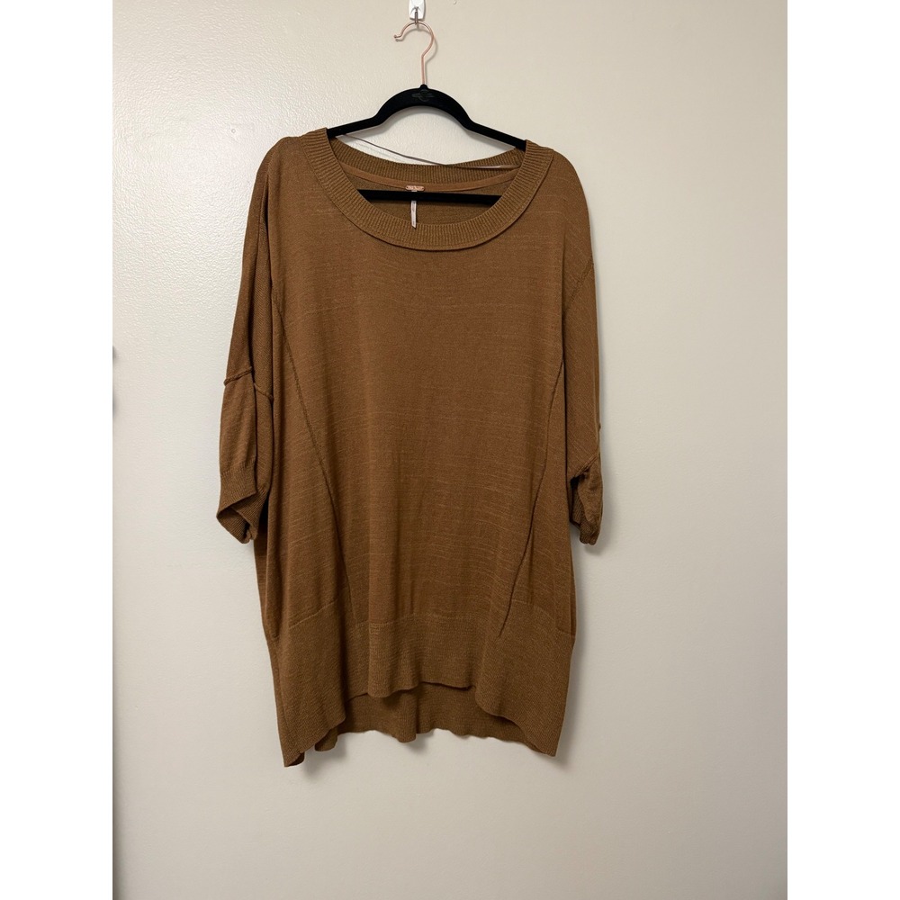 Free People Brown Oversized Knit Short Sleeve Sweater Scoop Neck